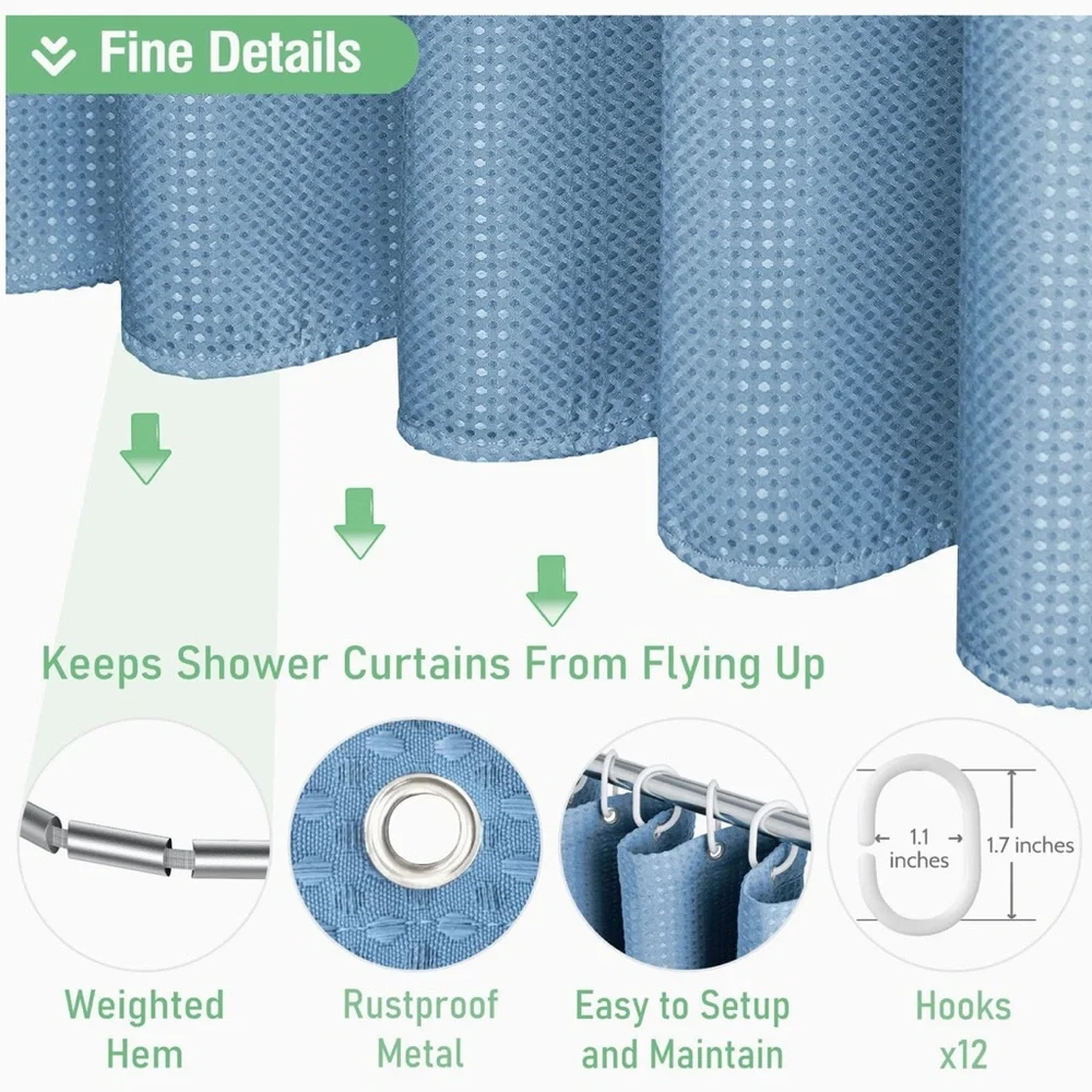 Dynamene Blue Fabric Shower Curtain Waffle Weave Textured Heavy Duty & Hooks NWT